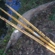 Bambusové pruty RYNA, třídílné. Zleva délka složeného prutu 480 cm, 450 cm a 420 cm.
